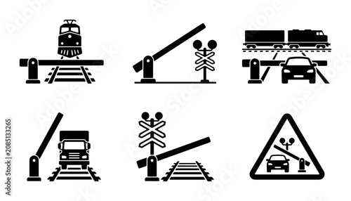 Obraz na płótnie Railway Crossing Icons, Train and Car Safety Symbols, Transportation Warning Sig