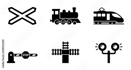 Tableau sur toile Train Icons Set: Railroad Crossing, Steam Engine, Modern Train, Barrier, Signal