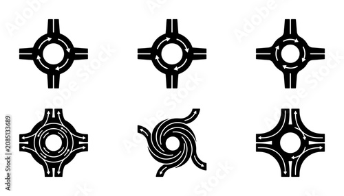 Roundabout Icons Set, Traffic Circle Symbols, Road Junction Vector Graphics, Navigation Elements