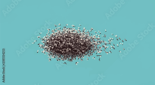 Detailed digital illustration of a dense swarm of flying insects or gnats clustered in the center on a solid teal background, showing individual dark bodies with white wings in flight.