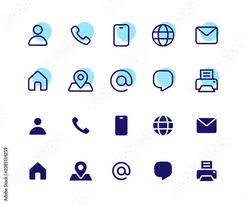 Modern UI Contact Icons Collection Vector with Home, Profile, Phone, Message, Email, Location and Web Symbols