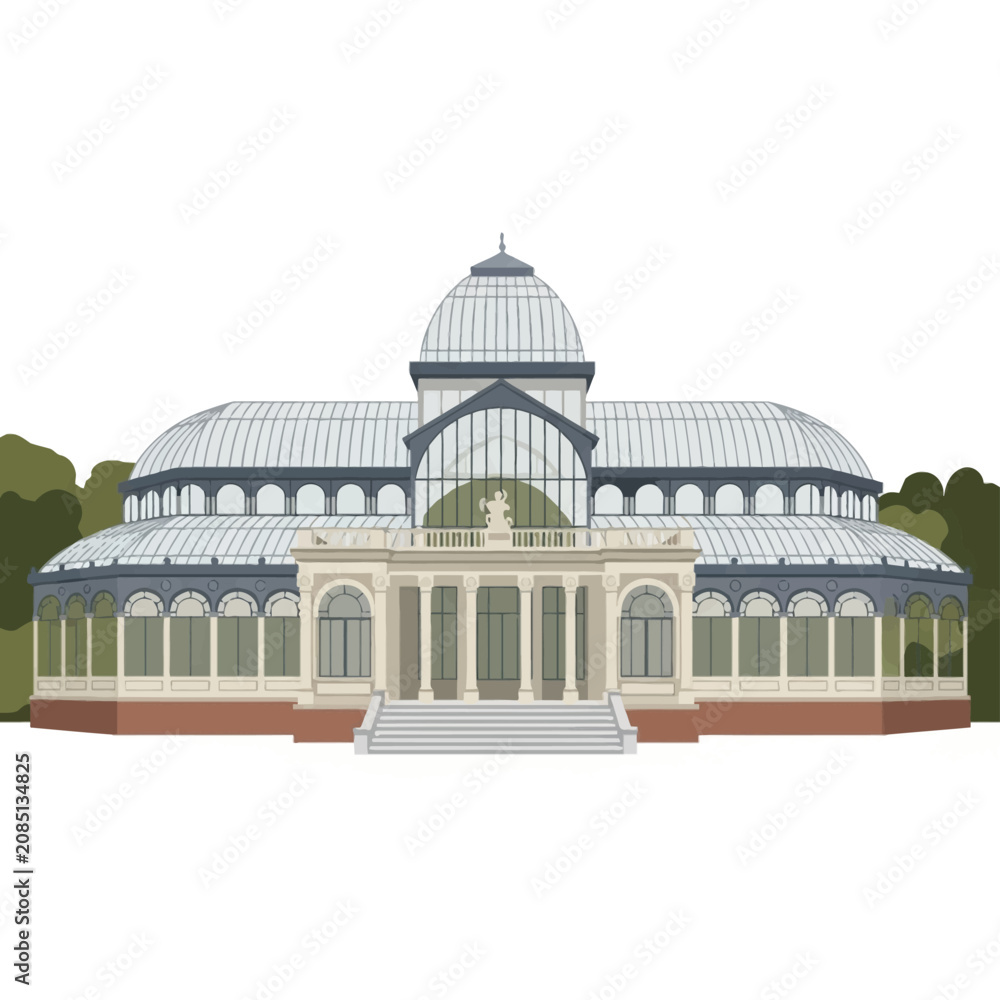 Obraz premium Vector illustration of the Palacio de Cristal in Madrid Retiro Park. Glass conservatory architecture featuring iron framework, central dome, arched windows, stone columns, and grand entrance stairs.