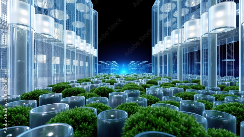 Fototapeta premium Futuristic corridor features illuminated cylindrical structures, greenery. Symmetry dominates design, creating tunnel effect. Dark background enhances glow.