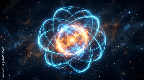 Abstract glowing atom model with orbital electrons in deep space molecule particle structure