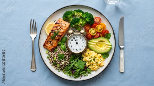 Healthy plate with salmon broccoli avocado and alarm clock for intermittent fasting, nutrition