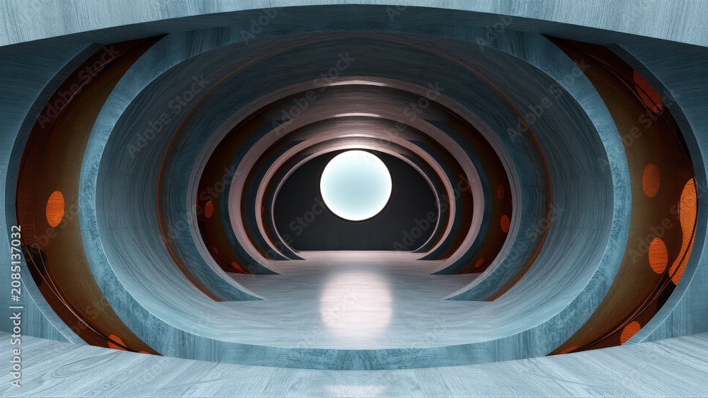 Fototapeta premium Futuristic tunnel, circular design, glowing sphere. Concrete textures, dark ambiance, symmetrical composition. Minimalist aesthetic, abstract architecture.
