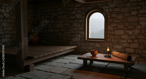 Dark medieval room with wooden table.
