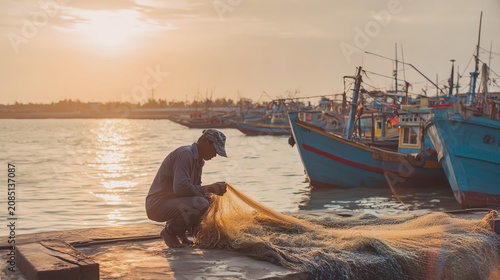 Fisherman working at sunset near boats.