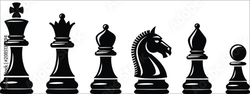 Quadro su tela Set of black chess pieces including king, queen, bishop, knight, rook and pawn,