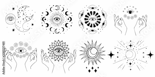 Canvas Print Celestial Eye And Hand Designs Black Line Art On White Background
