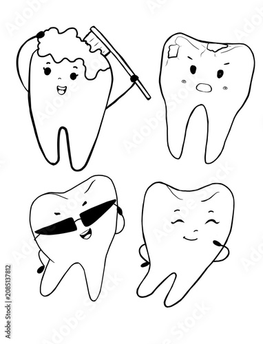 Cute Tooth Character Set Collection with Different Expressions Outline Illustration