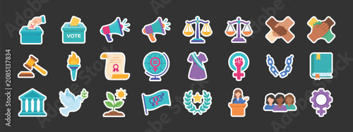 Political and social activism symbols sticker collection including gavel megaphone and balance scale white background color black with activism, politics, stickers white background and color black