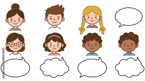 Bild auf Leinwand Diverse children with speech bubbles for communication.