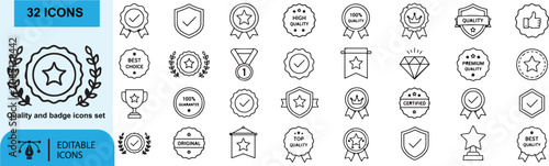 Premium Quality Badge and Award Outline Icons Set - Certification, Guarantee, Shield, Medal, Ribbon, Trophy, Verified, Best Choice, Luxury Line Vector Collection