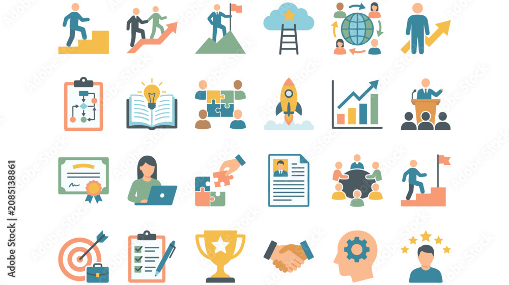 Fototapeta premium Career development and corporate success professional business flat icons.