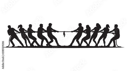 Foto Team pulling rope in tug of war black silhouette