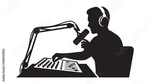 Fotografie Radio broadcaster with microphone and mixing console silhouette