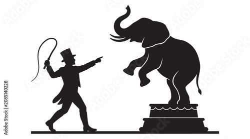 Tableau sur toile Circus performer and elephant black silhouette ringmaster