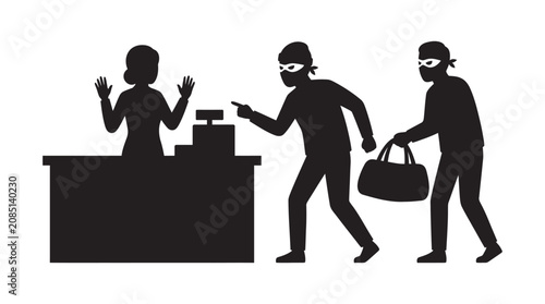 Konstfotografi Bank Robbery Scene With Cashier And Masked Robbers Silhouette
