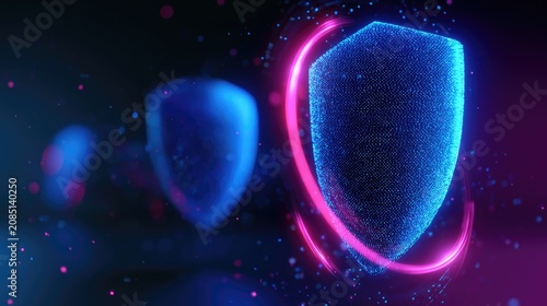 Glowing digital shields pulse with light and swirling energy against dark background