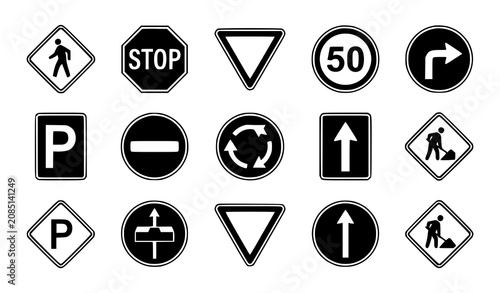 Photos Roadway Traffic Signs Vector Set Warning Mandatory Prohibition Navigation Icon C
