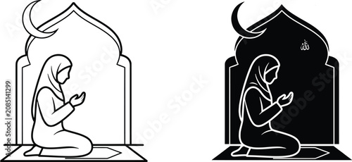 Cuadro en lienzo Muslim Woman Praying: Silhouette and Line Art