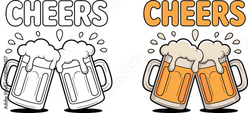Quadro su tela Cartoon style vector illustration of clinking beer mugs with foam and cheers tex