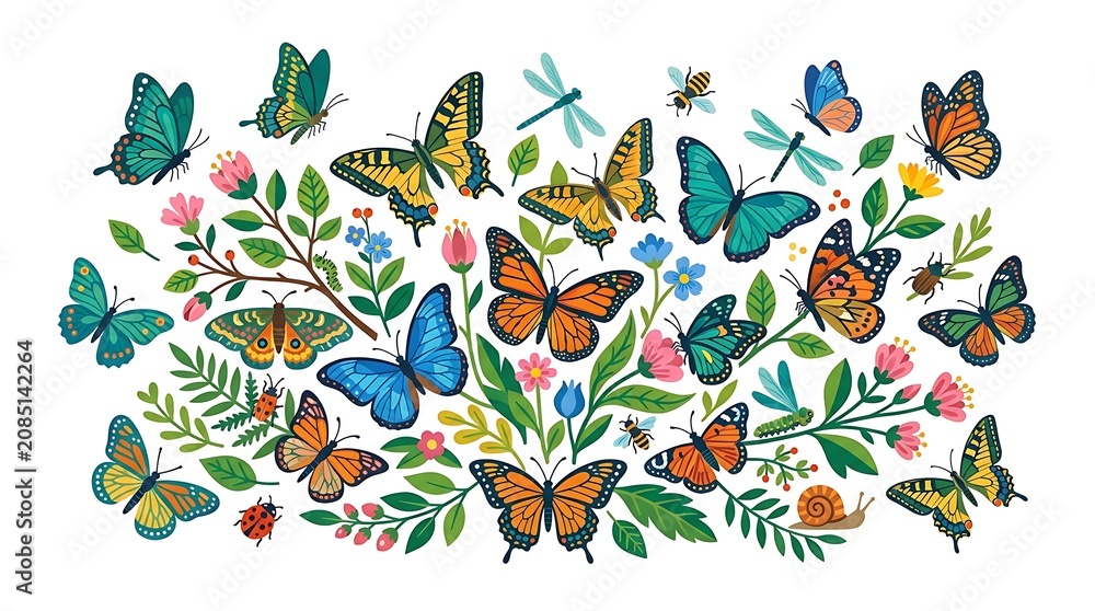 Obraz premium Colorful butterfly collection with floral elements and insects