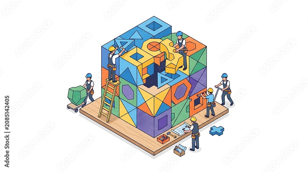 Fototapeta premium People building colorful geometric cube structure with tools