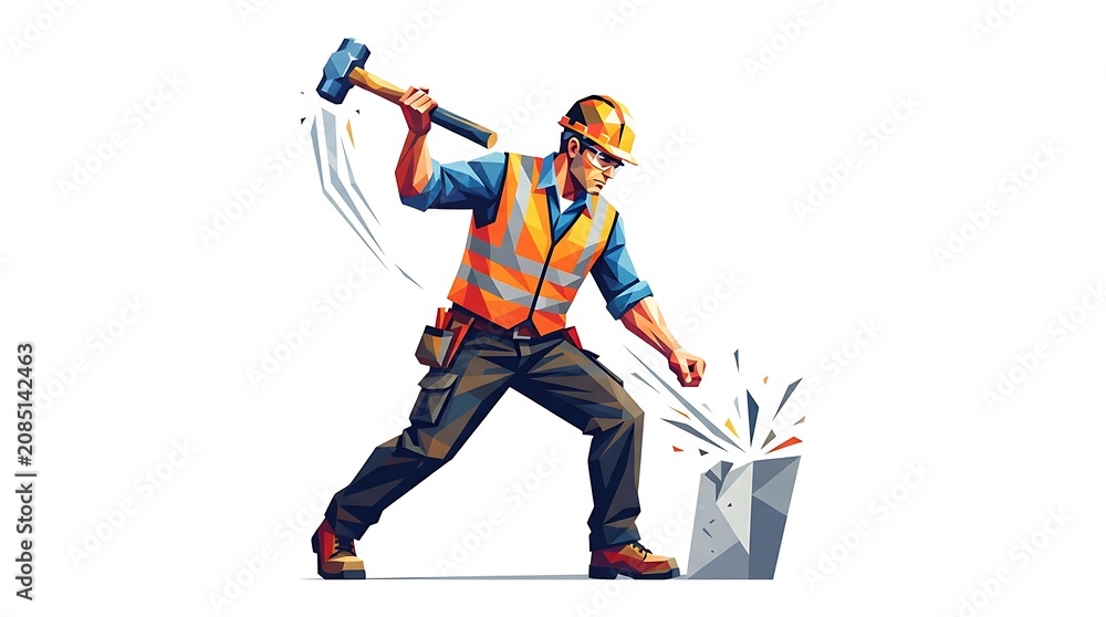 Fototapeta premium Construction worker using sledgehammer on material