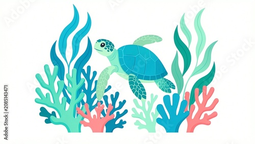 A green turtle swimming in the ocean surrounded by corals