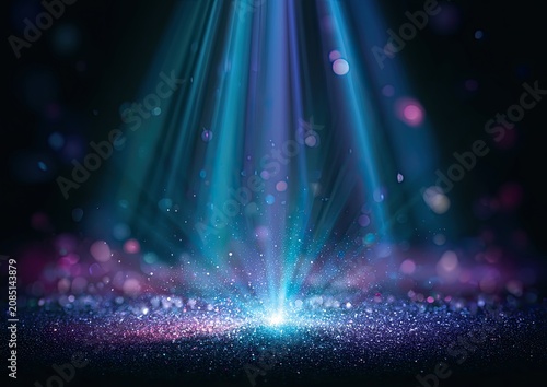 Glowing light beams burst upwards from a shimmering, sparkling surface
