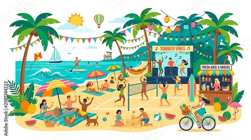 Tropical beach party scene with people enjoying summer activities and music