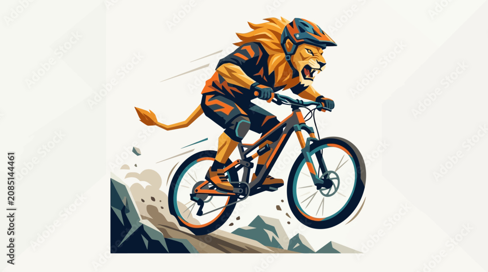 Obraz premium Powerful Lion Athlete Competing in Mountain Bike Downhill Race on Forest Trail