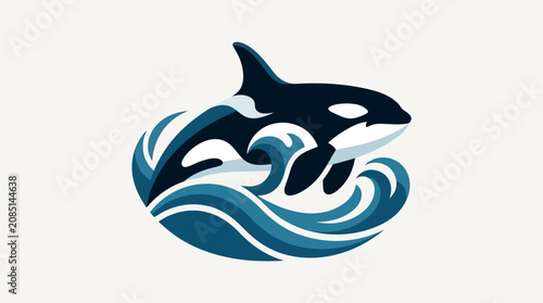Stylized Orca Whale Leaping Through Blue Ocean Waves Graphic Illustration