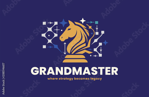 Photography Grandmaster chess knight icon with strategic network nodes representing intellec