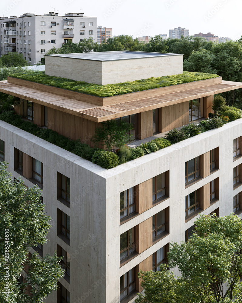 Fototapeta premium Modern building features green rooftop gardens. Wooden accents contrast with concrete structure. Trees surround the building in urban setting. Natural lighting enhances architectural design