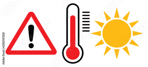 Cuadro en lienzo Caution heat warning vector illustration, showing summer safety symbols, high thermometer readings, extreme temperature alerts, sun exposure hazards, weather awareness, and climate risk design