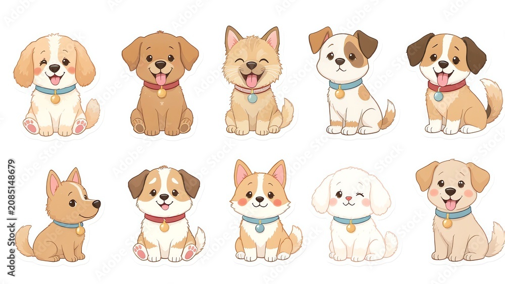 Obraz premium Adorable vector cartoon puppies set diverse happy dog illustrations for pet-themed designs and projects