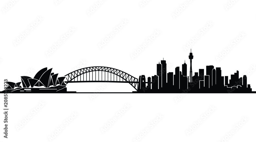 Obraz premium Detailed black silhouette of the Sydney city skyline featuring the opera house and harbor bridge