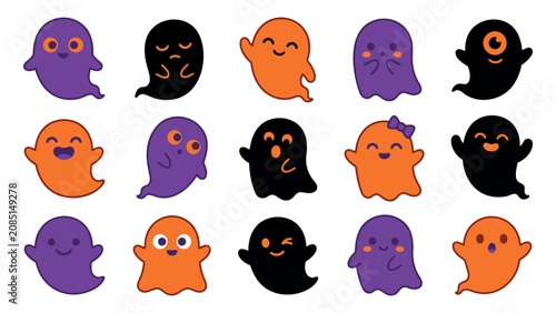 A collection of cute cartoon ghosts in purple orange and black colors