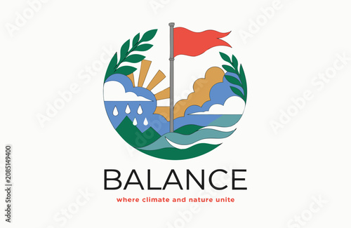 Bild auf Leinwand Balance concept circular illustration with nature weather and flag elements envi