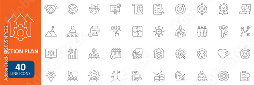 Action plan line icons set with Schedule, plan, implementation, strategy, analysis, collaboration, check, and strategic business processes concepts. Editable stroke vector collection.
