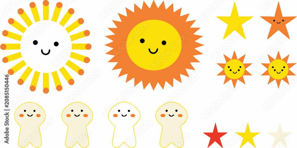 Fototapeta premium Smiling suns and stars colorful vector illustration on a white background