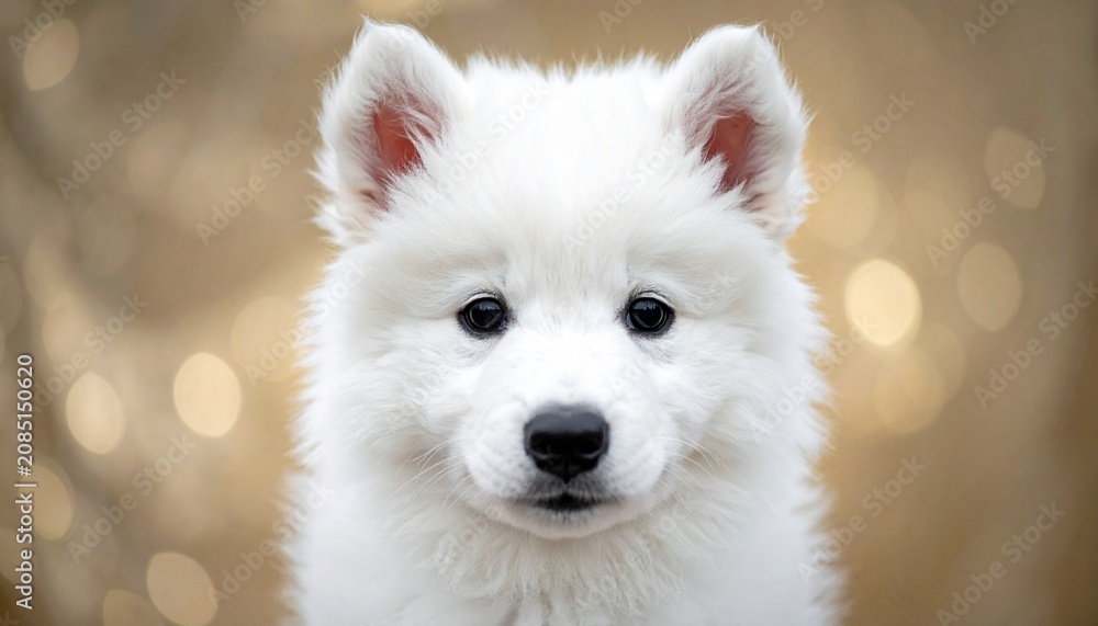 Fototapeta premium Super Cute White Samoyed Puppy Close-Up Portrait with Deep Emotional Eyes | Fluffy Fur Pet Photography