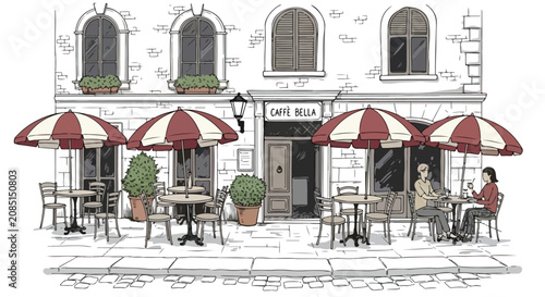 Vintage European sidewalk cafe illustration, hand drawn Caffe Bella storefront with red striped umbrellas, charming outdoor restaurant terrace vector