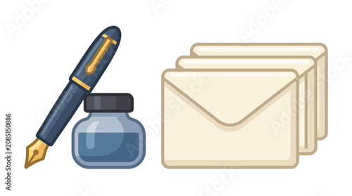 Fountain pen rests next to a glass inkwell and a stack of cream envelopes ready for professional correspondence.