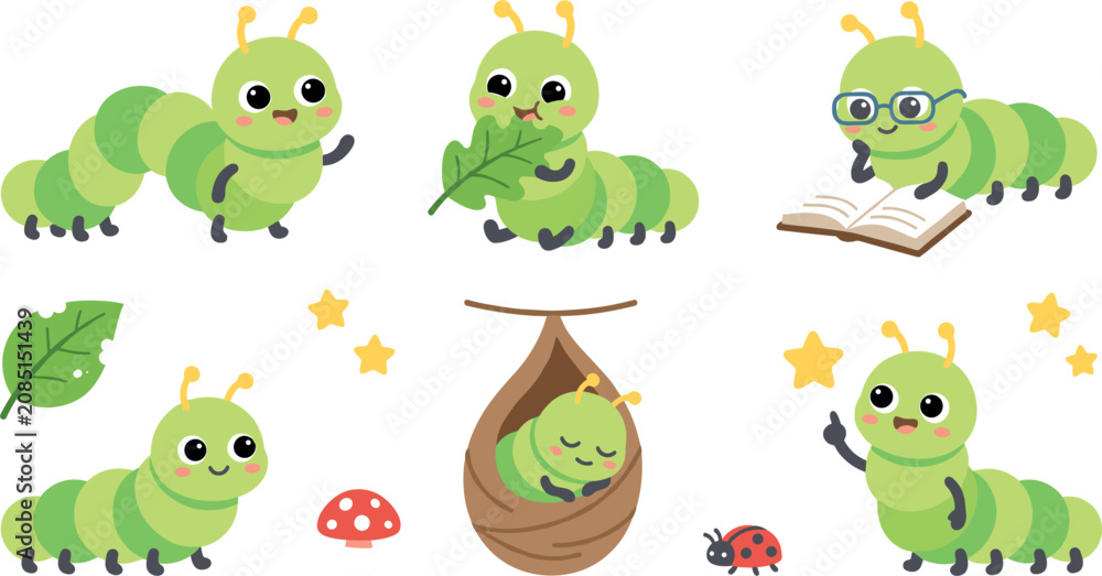 Naklejka premium Cute green caterpillar cartoon character collection eating leaf reading book sleeping inside cocoon waving and pointing hand isolated vector illustration asset design setCute green caterpillar cartoon