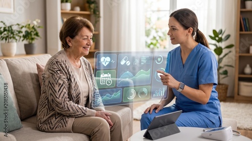 Nurse showing health statistics to senior woman using holographic display, elderly care concept with digital medical data visualization for home treatment and wellness