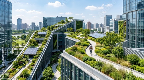 Modern eco-friendly building with green roof garden, sustainable urban architecture, solar panels integration, city skyline view, environmental conservation